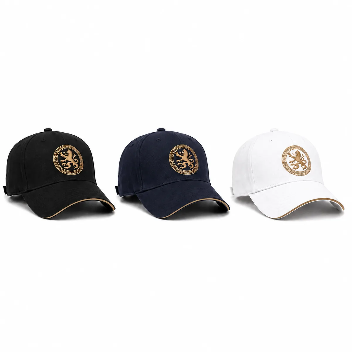 The embroidered outdoor baseball cap in black, navy and white with a gold front emblem