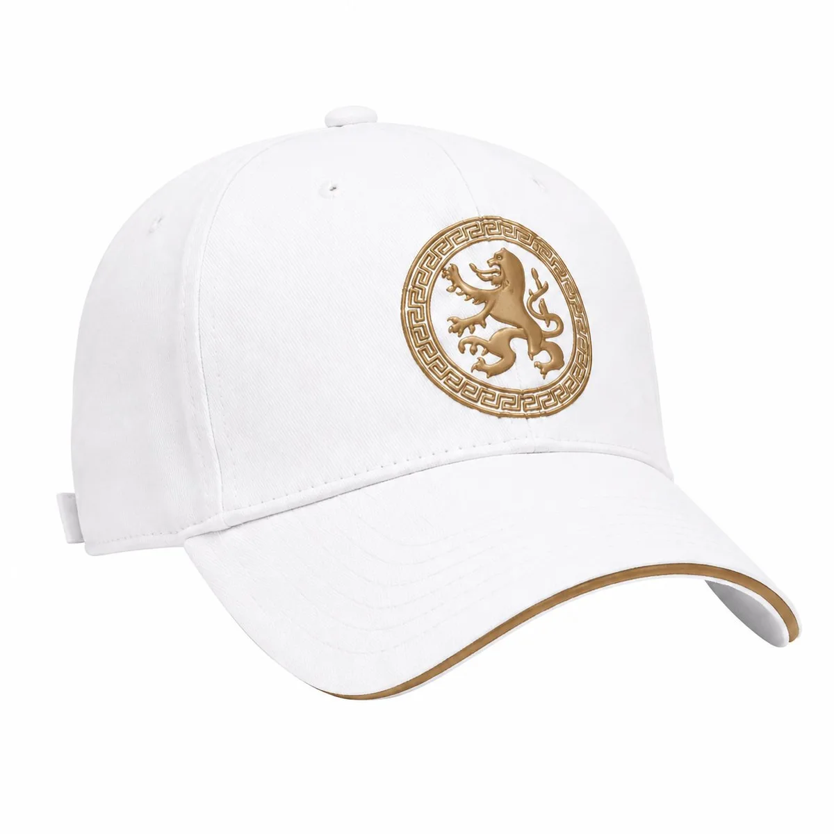 White baseball cap with a gold embroidered front emblem, on a white background