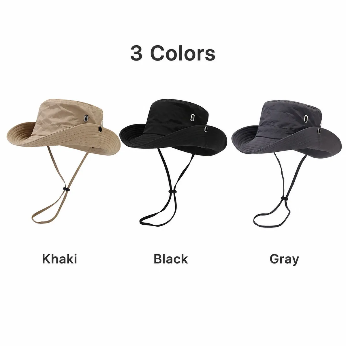 Polyester wide brim bucket hats in khaki, black and gray, a light material suited to outdoor and travel hats