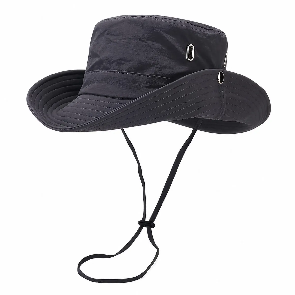 Gray wide brim hiking bucket hat with an adjustable chin cord, on a white background