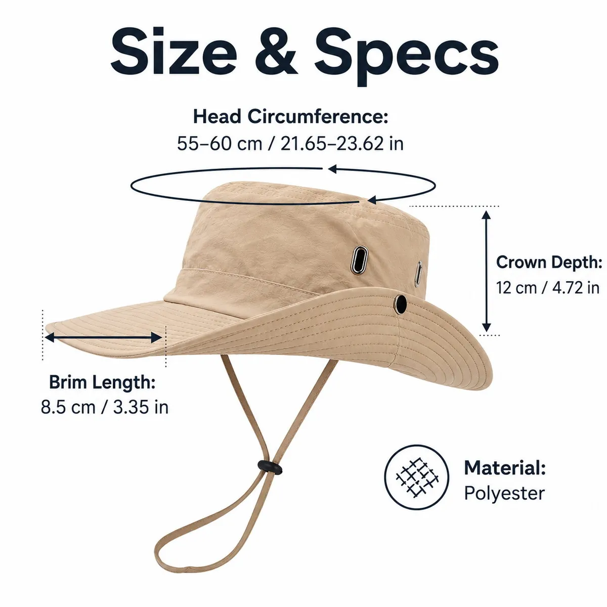 Hiking bucket hat size chart: head circumference 55–60 cm, crown depth 12 cm, brim length 8.5 cm, polyester material