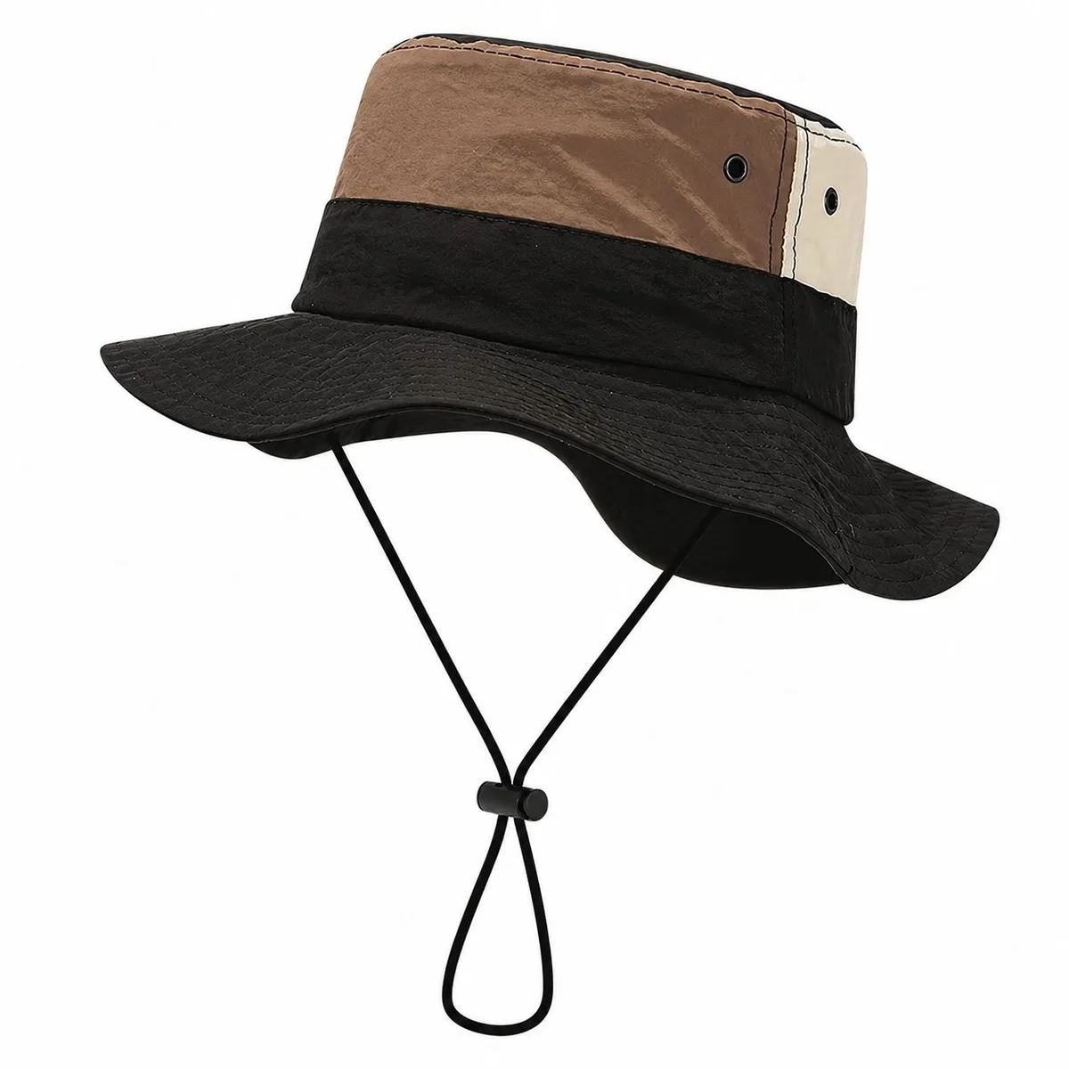 Black color-block outdoor bucket hat with a wide brim and chin cord, on a white background