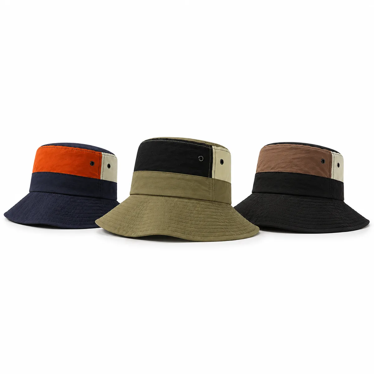 The color-block outdoor bucket hat in navy, army green and black