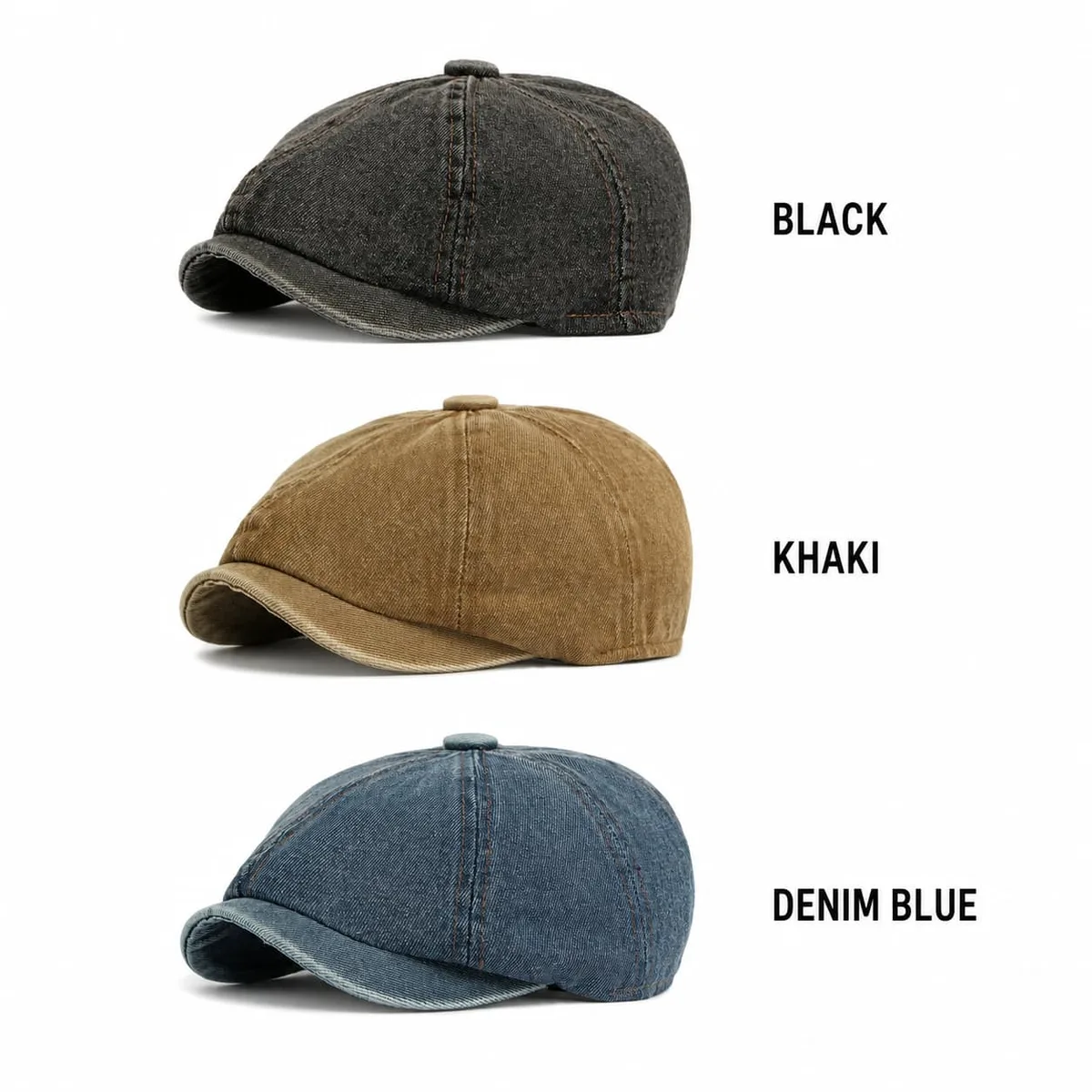 The washed denim newsboy cap in black, khaki and denim blue