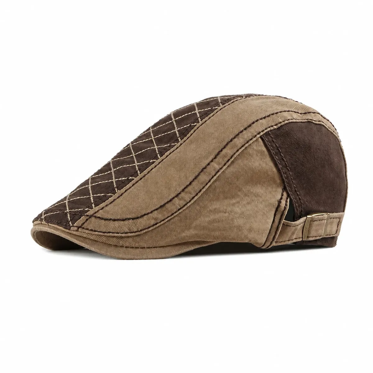 Brown colorway of the patchwork ivy flat cap, side view, with a brown diamond-stitched panel and a khaki band
