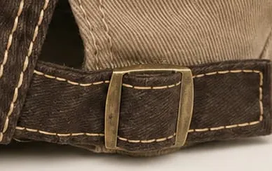Close-up of the metal side buckle and contrast topstitching on the adjustable strap