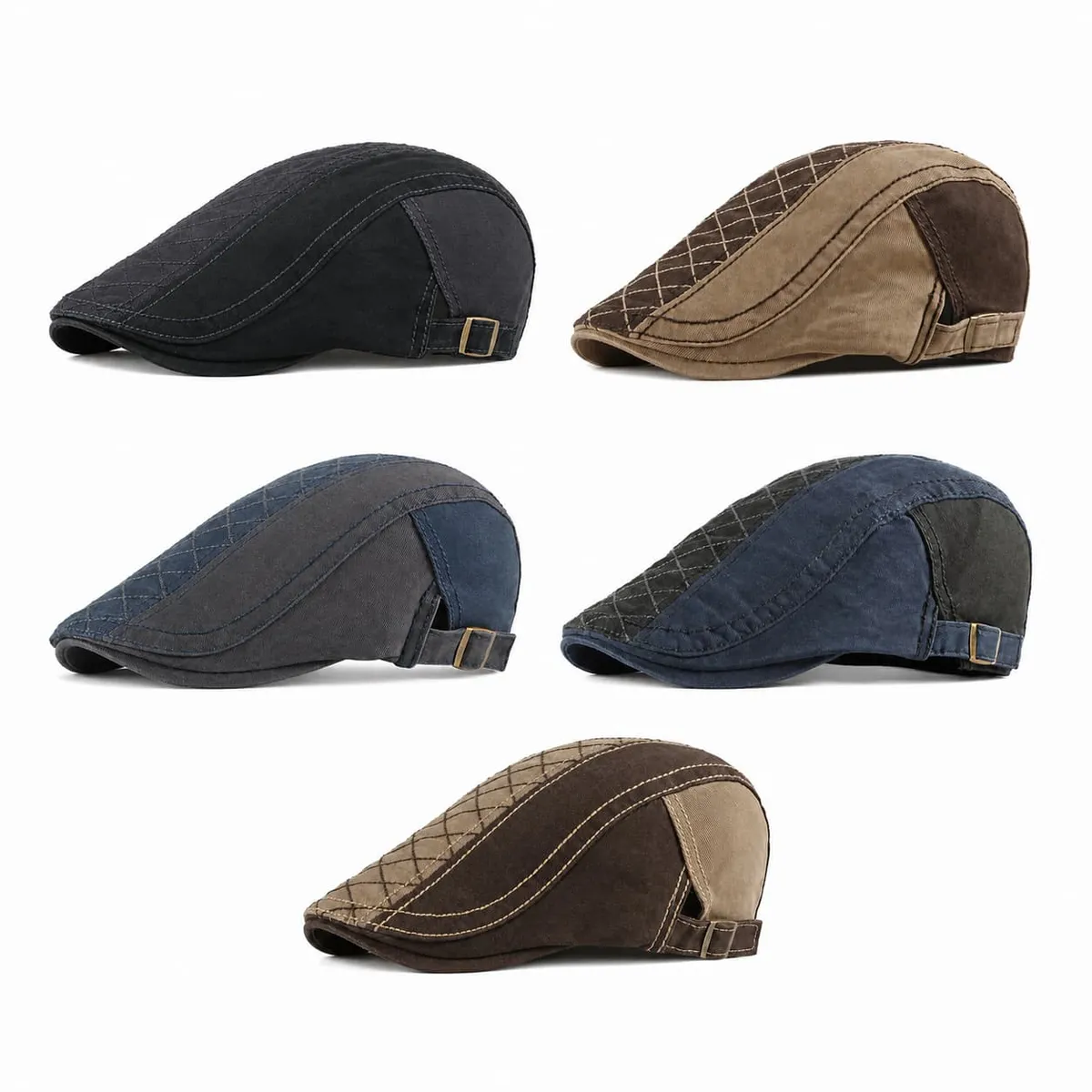 Five colorways of the cotton-blend ivy flat cap, each with two-tone patchwork panels, diamond stitching and an adjustable side buckle