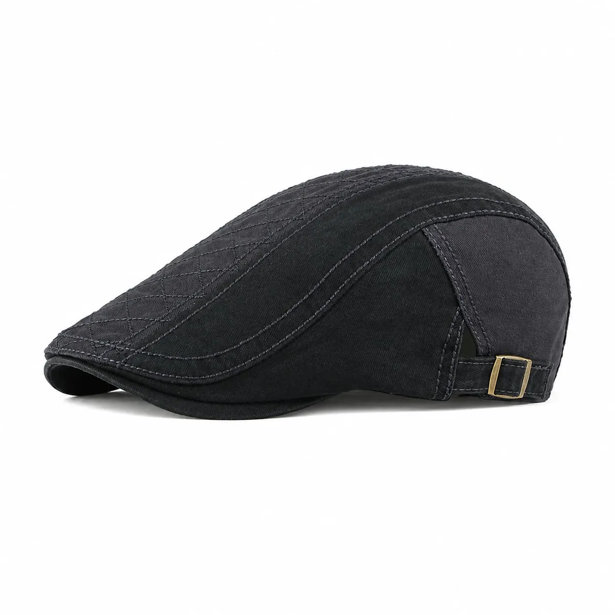 Gray colorway of the patchwork ivy flat cap, side view, with a dark gray diamond-stitched panel