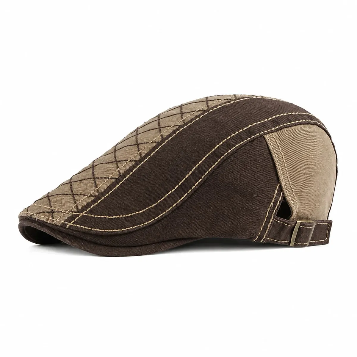 Khaki colorway of the patchwork ivy flat cap, side view, with a khaki diamond-stitched panel and a brown band