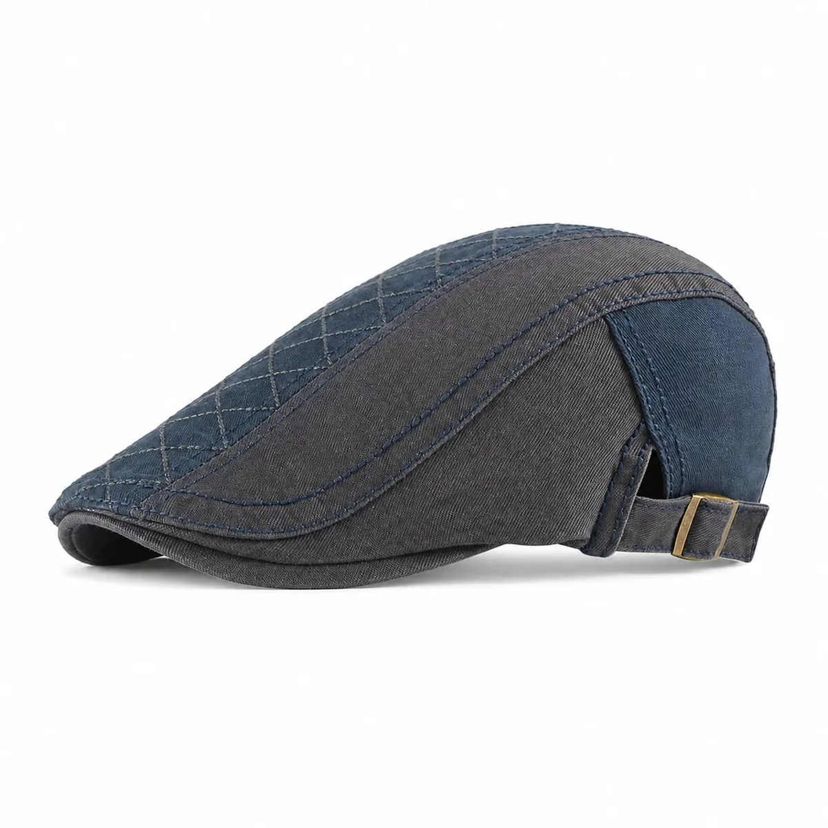 Navy colorway of the patchwork ivy flat cap, side view, with a navy diamond-stitched panel and a gray band