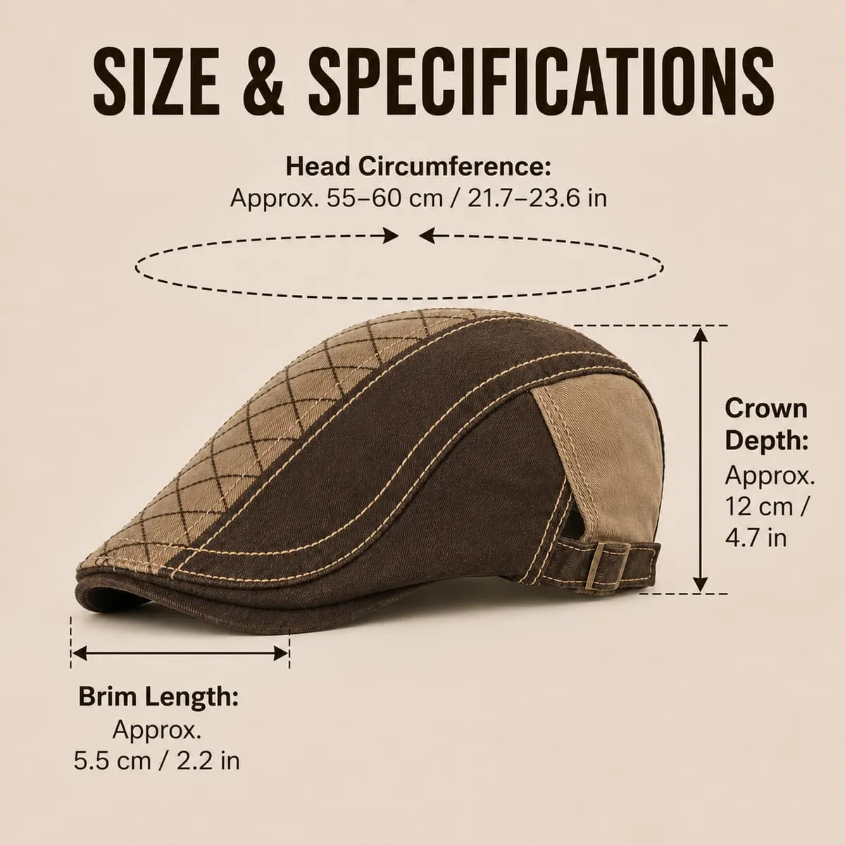 Measurement diagram of an ivy flat cap: head circumference approx. 55–60 cm, crown depth approx. 12 cm and brim length approx. 5.5 cm