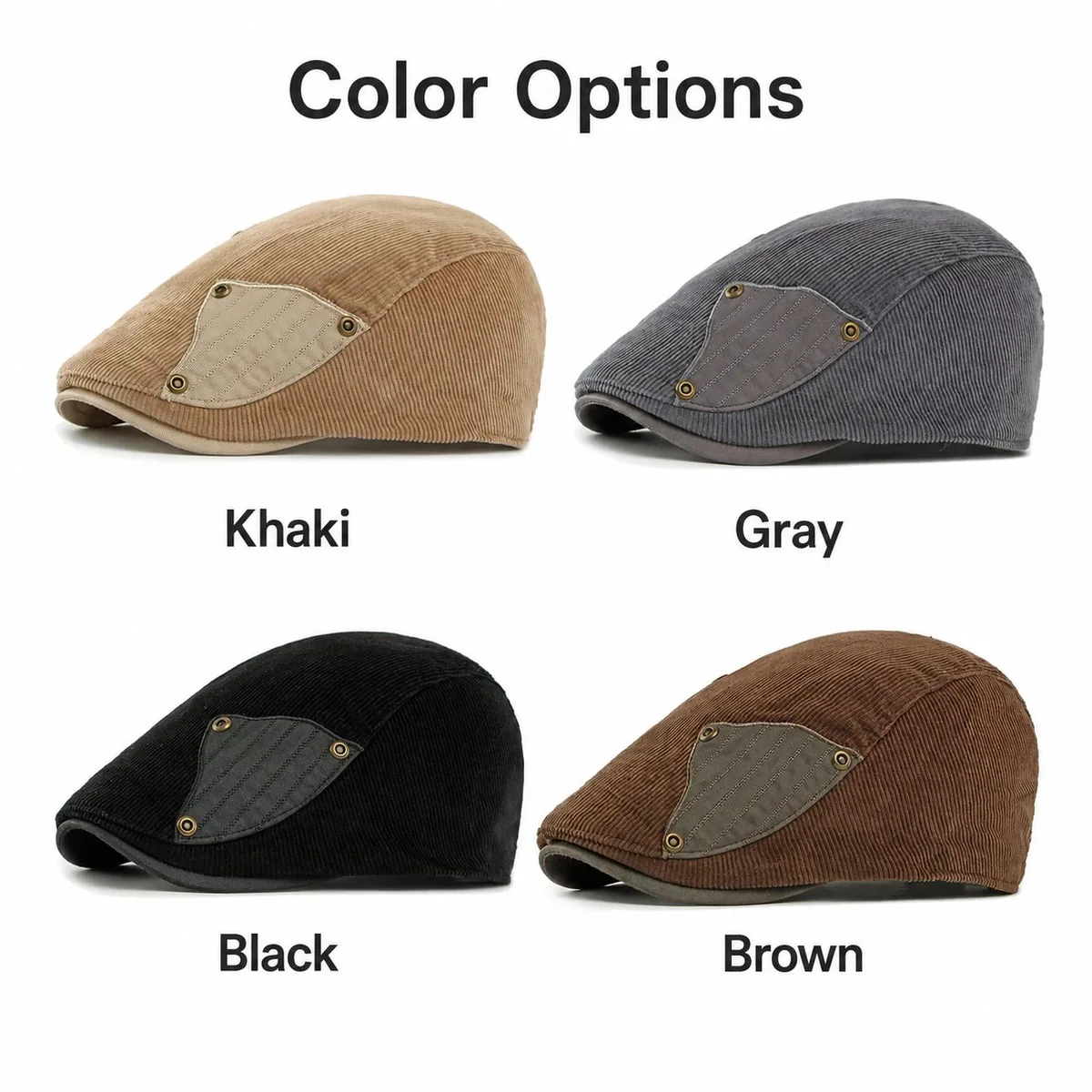 The corduroy flat cap in khaki, gray, black and brown, each with a contrast side patch