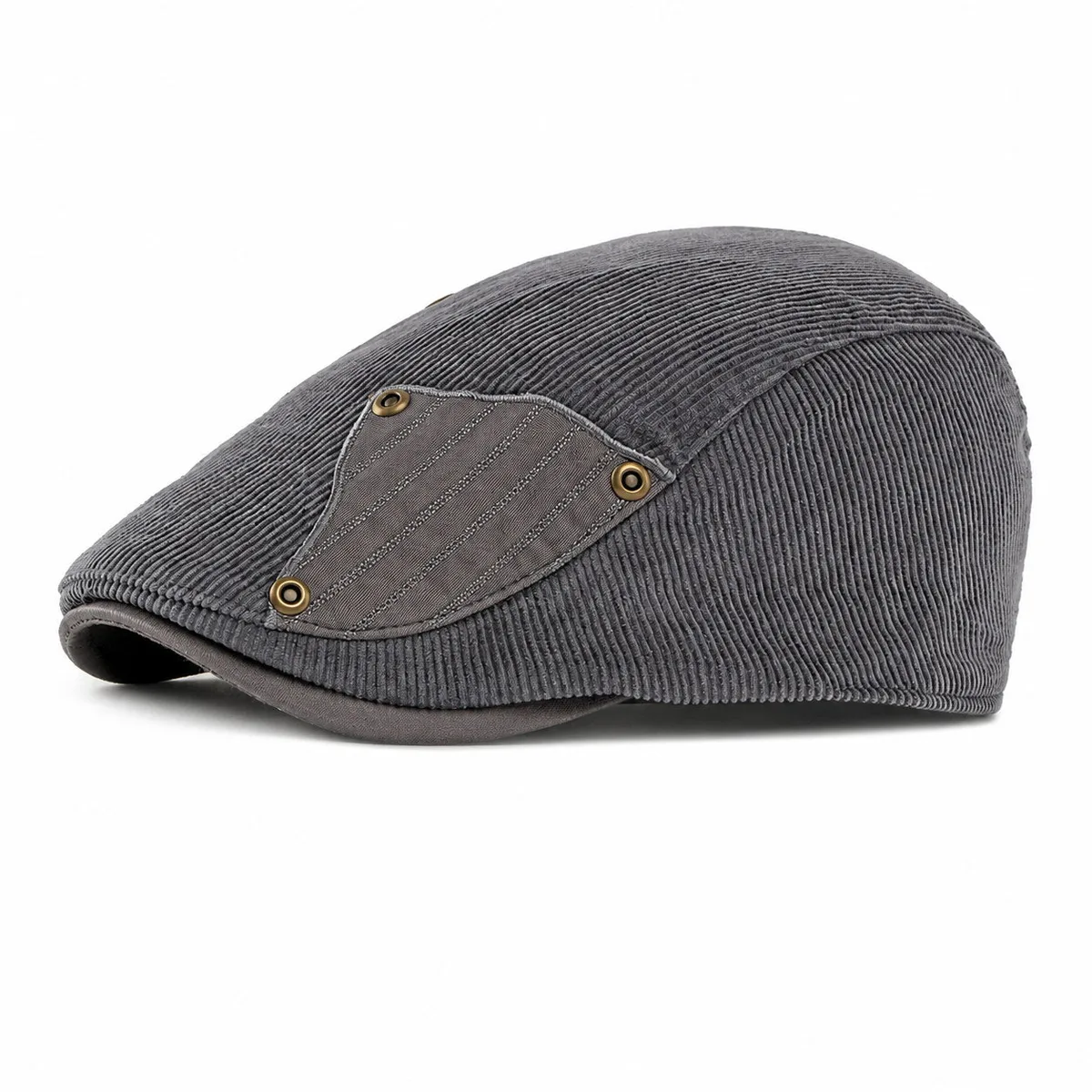 Gray corduroy flat cap with a contrast side patch and metal eyelets, on a white background