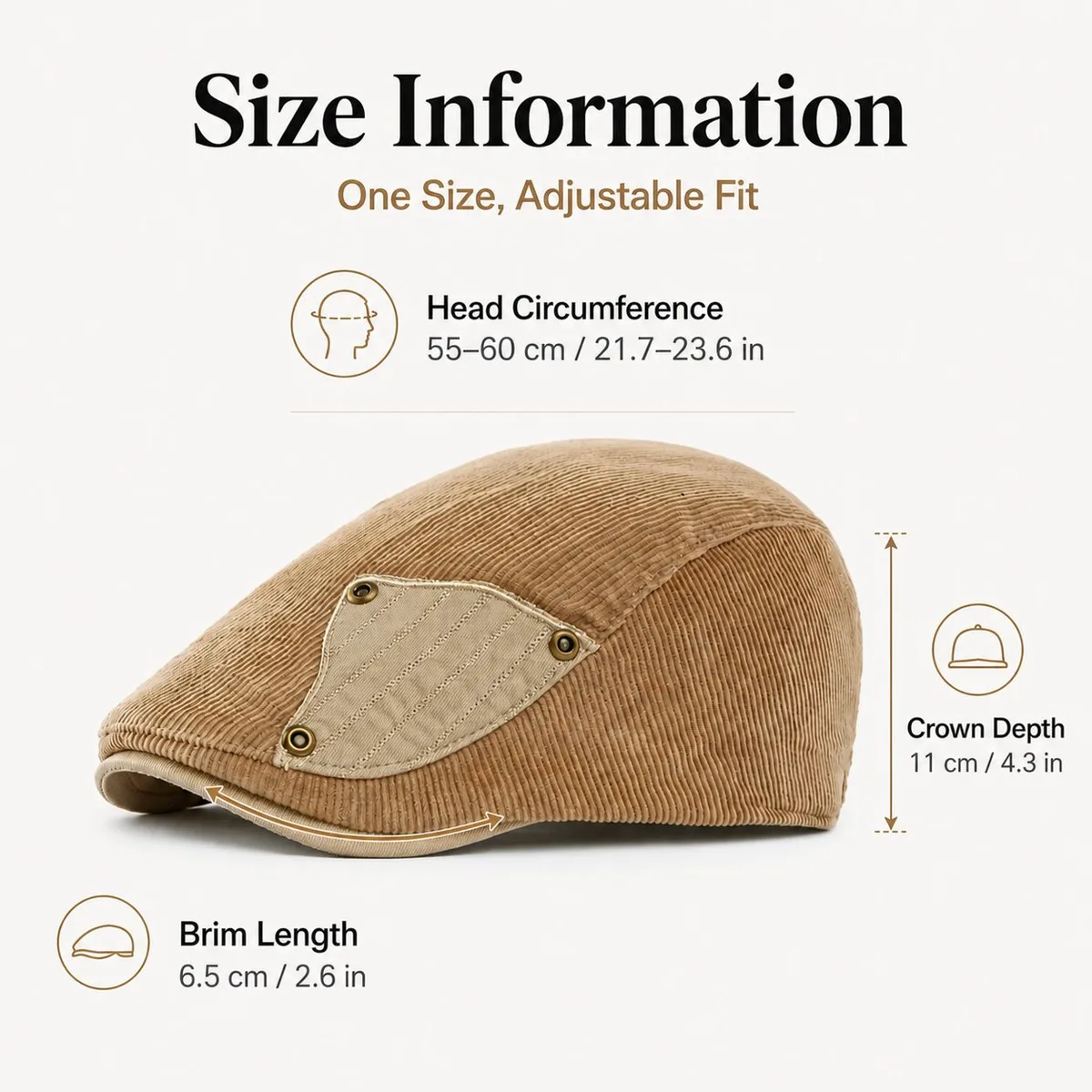 Corduroy flat cap size information: head circumference 55–60 cm, crown depth 11 cm, brim length 6.5 cm