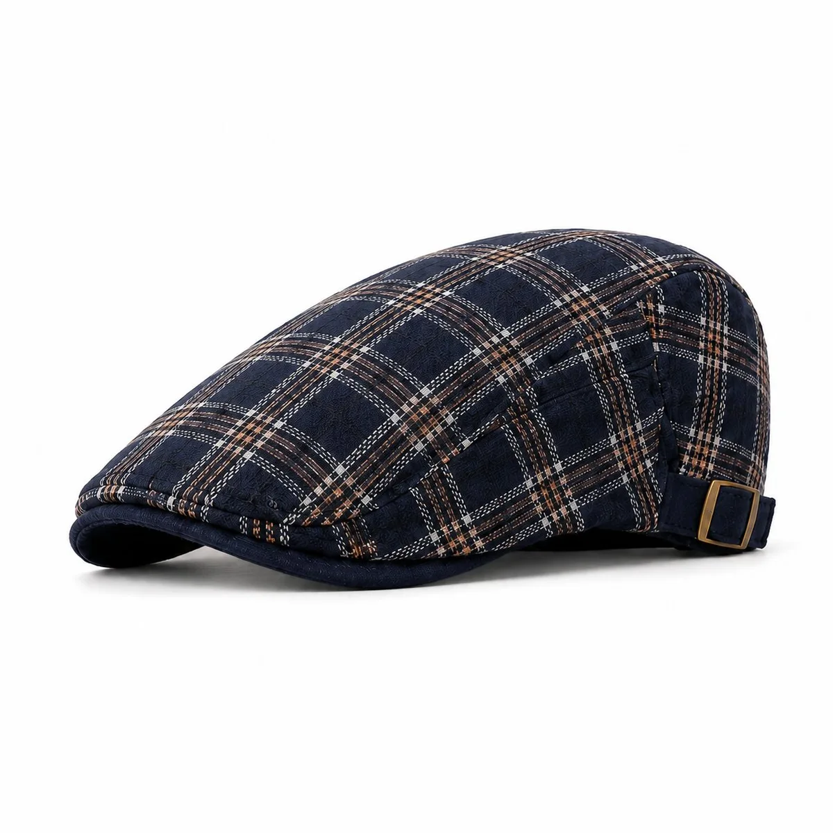 Navy plaid ivy flat cap with an adjustable side buckle, on a white background