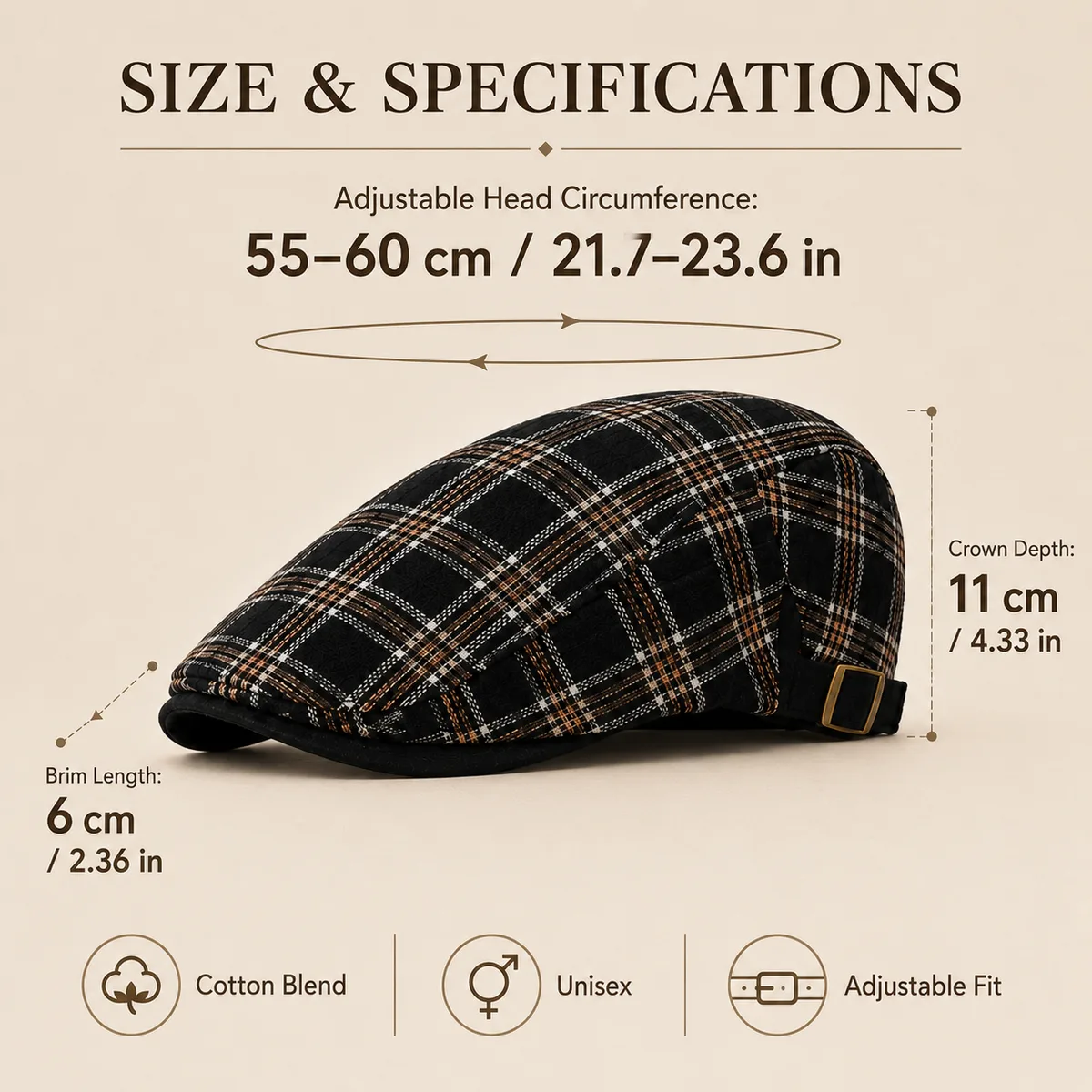 Plaid flat cap size and specifications: head circumference 55–60 cm, crown depth 11 cm, brim length 6 cm