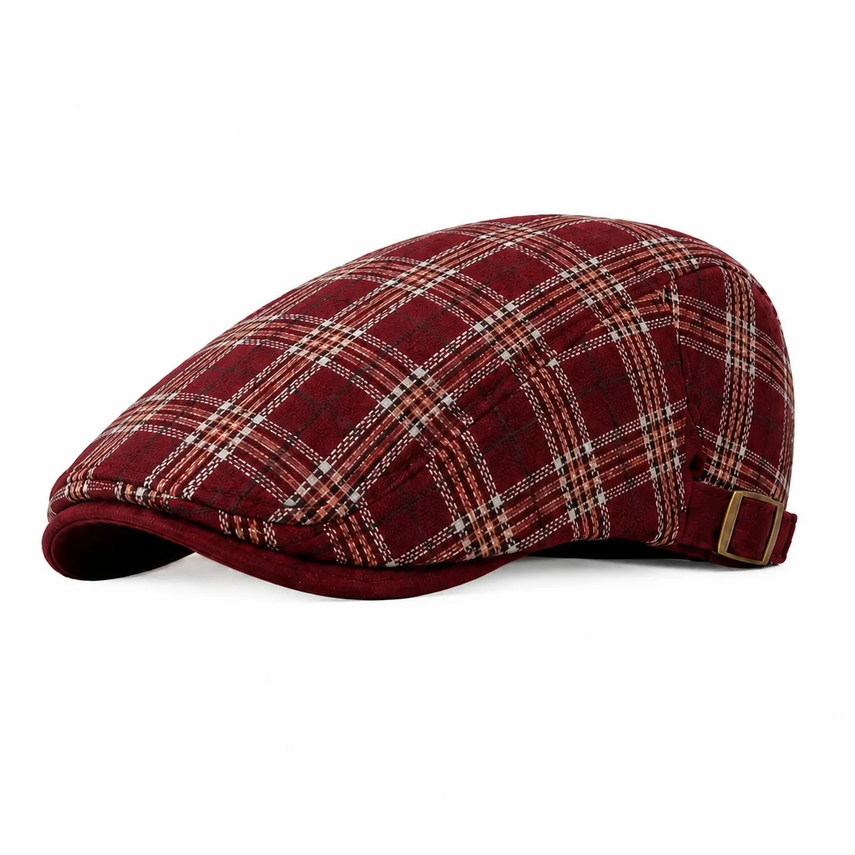 Wine red plaid ivy flat cap with an adjustable side buckle, on a white background