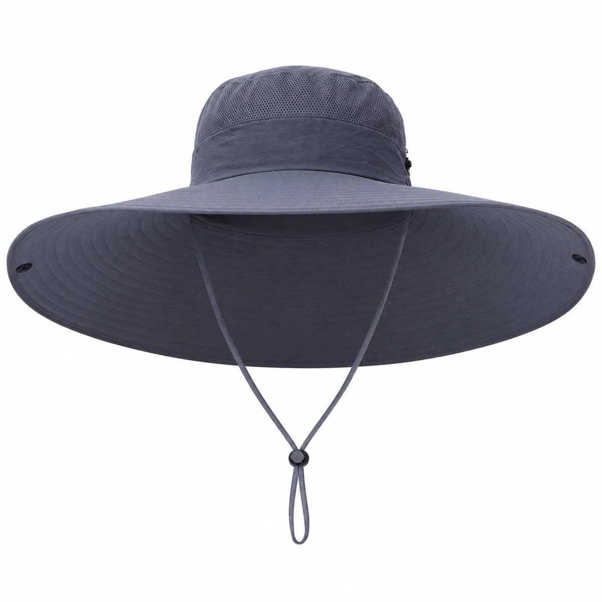 Dark gray wide brim sun hat with a mesh crown band and chin cord, on a white background