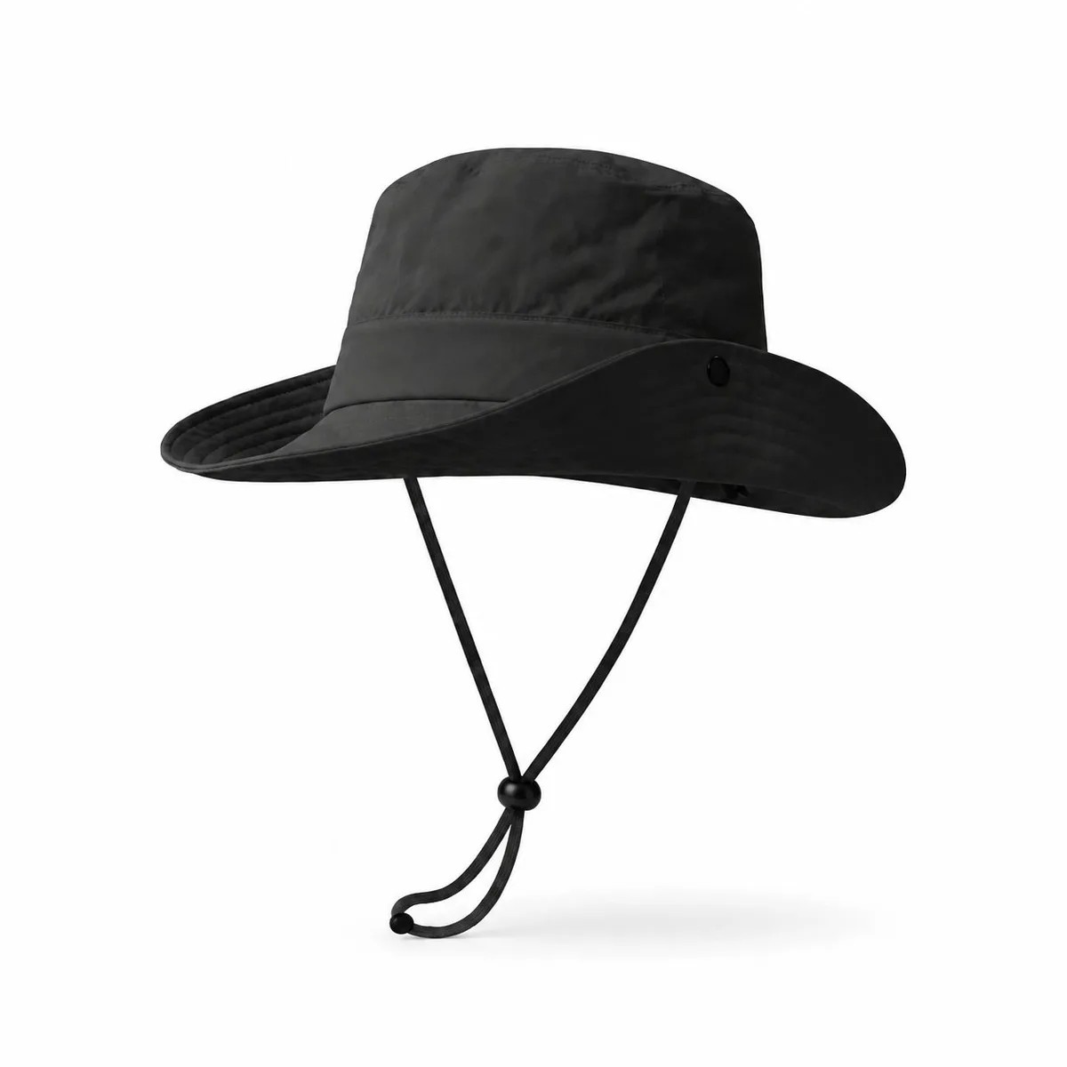 Black wide brim sun hat with an adjustable chin cord, on a white background