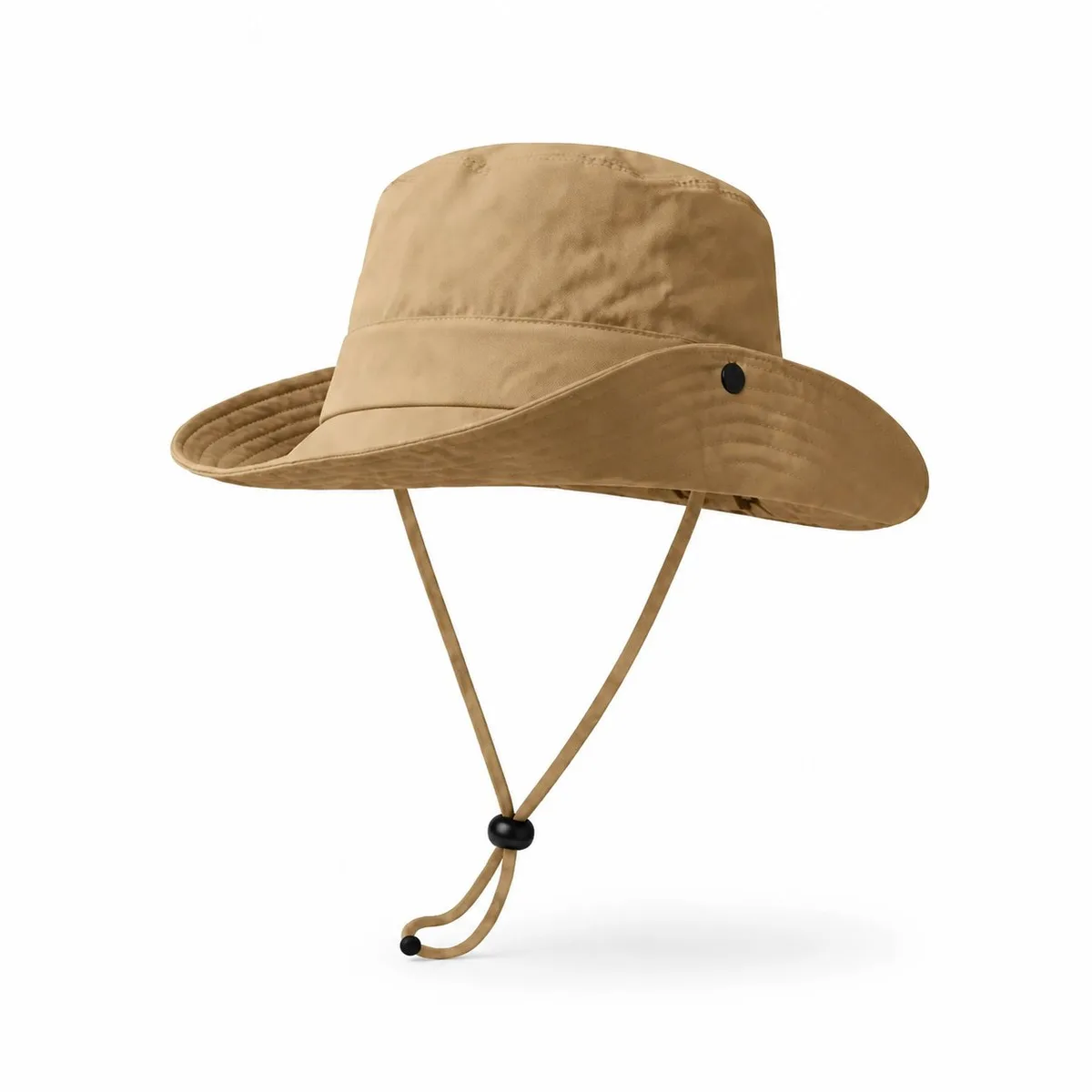 Khaki wide brim outdoor hat with a chin cord