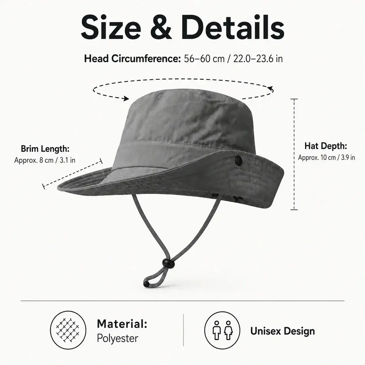 Sun hat size and details: head circumference 56–60 cm, hat depth 10 cm, brim length 8 cm, polyester