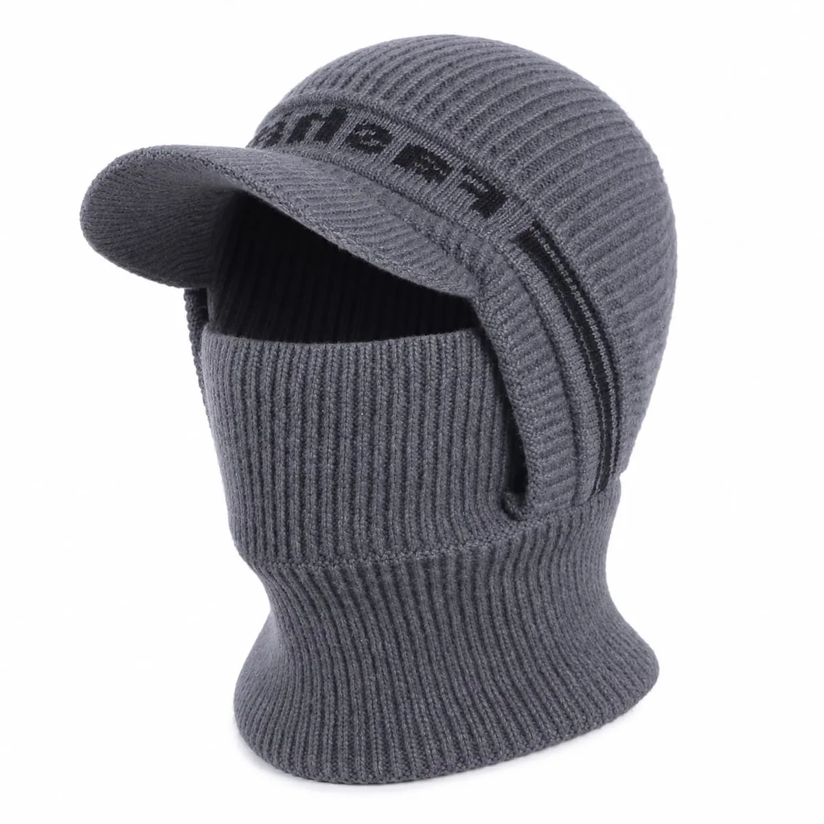 Gray rib-knit visor balaclava with face cover and neck section, on a white background