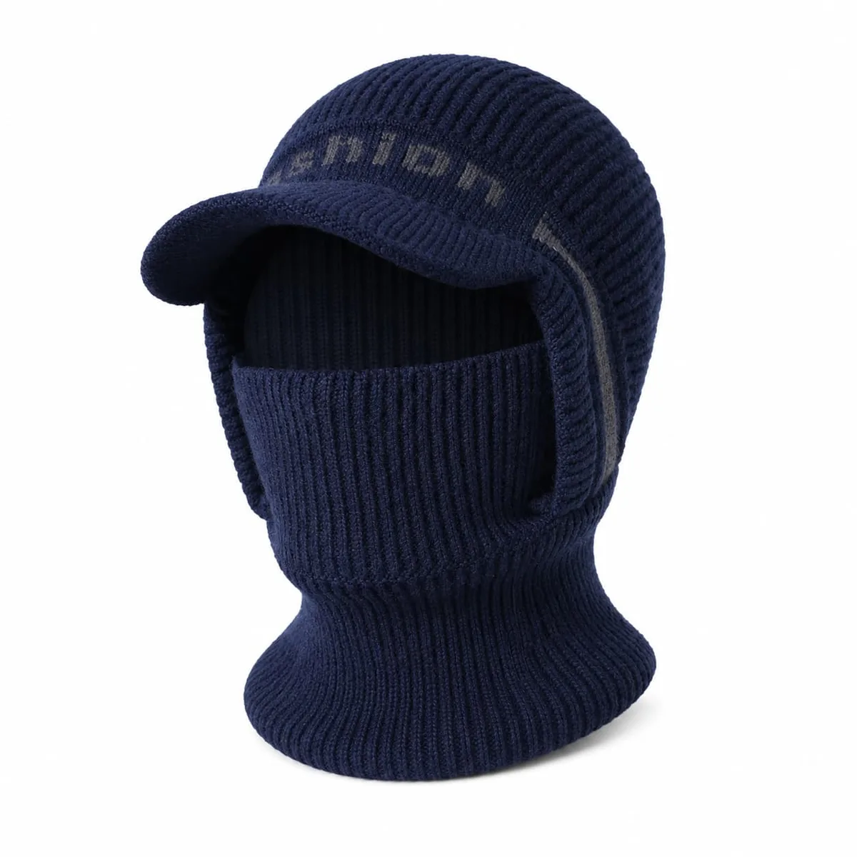 Navy rib-knit visor balaclava with face cover and neck section, on a white background