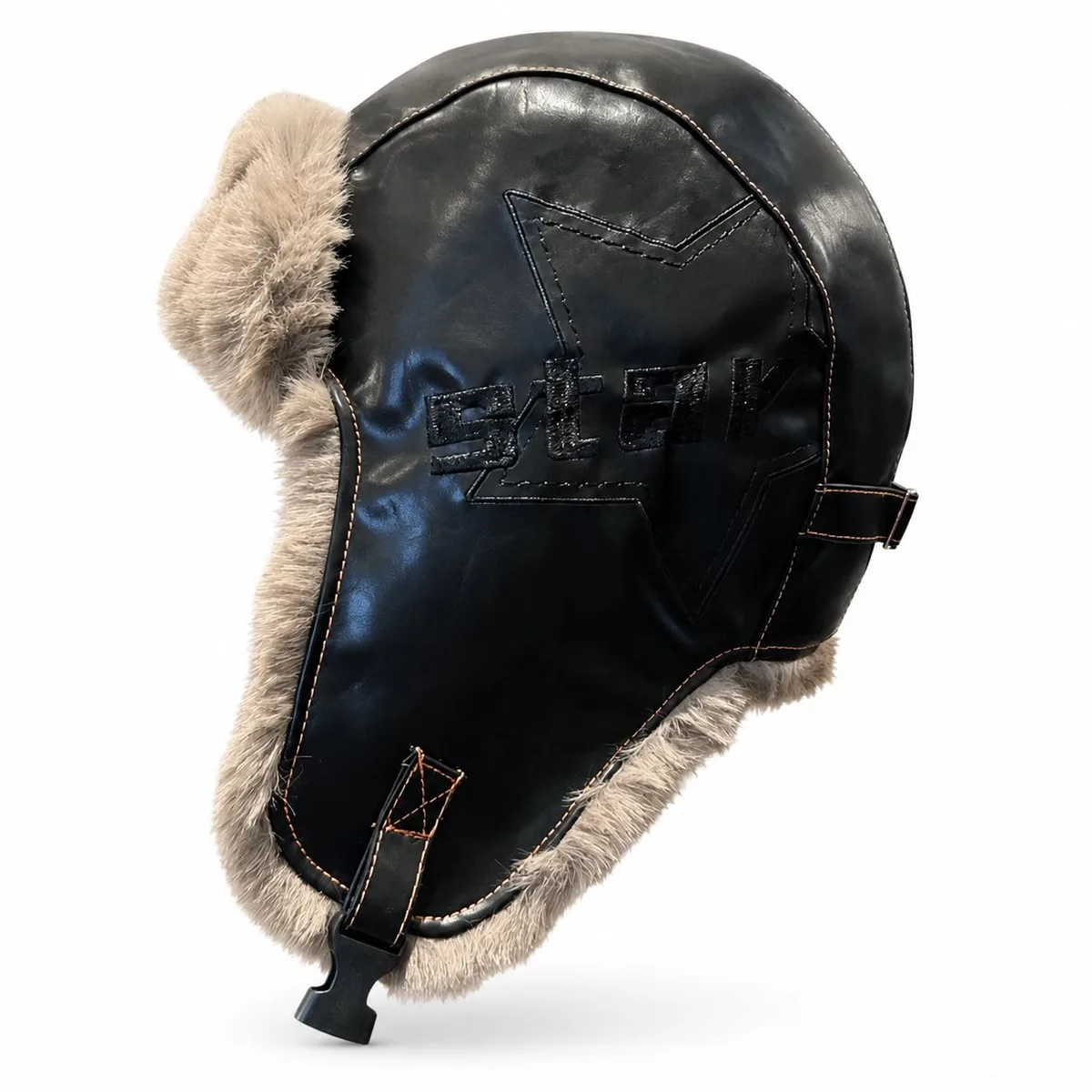Black PU leather trapper hat with gray faux fur lining and ear flaps, on a white background