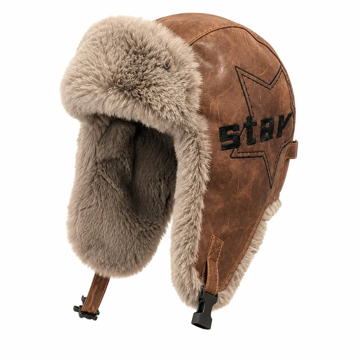Close-up of the brown trapper hat showing the faux fur lining and embroidered star on the PU leather shell