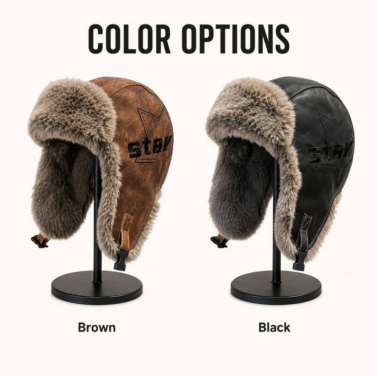 The PU leather trapper hat in brown and black with faux fur lining