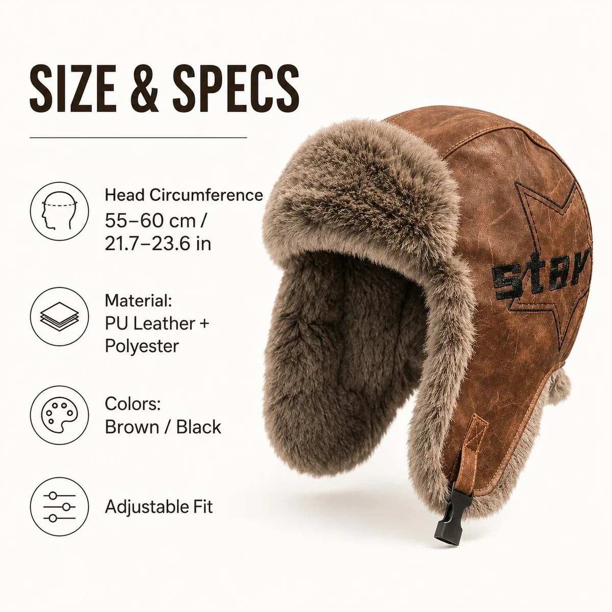 Trapper hat size and specs: head circumference 55–60 cm, PU leather and polyester, brown or black, adjustable fit