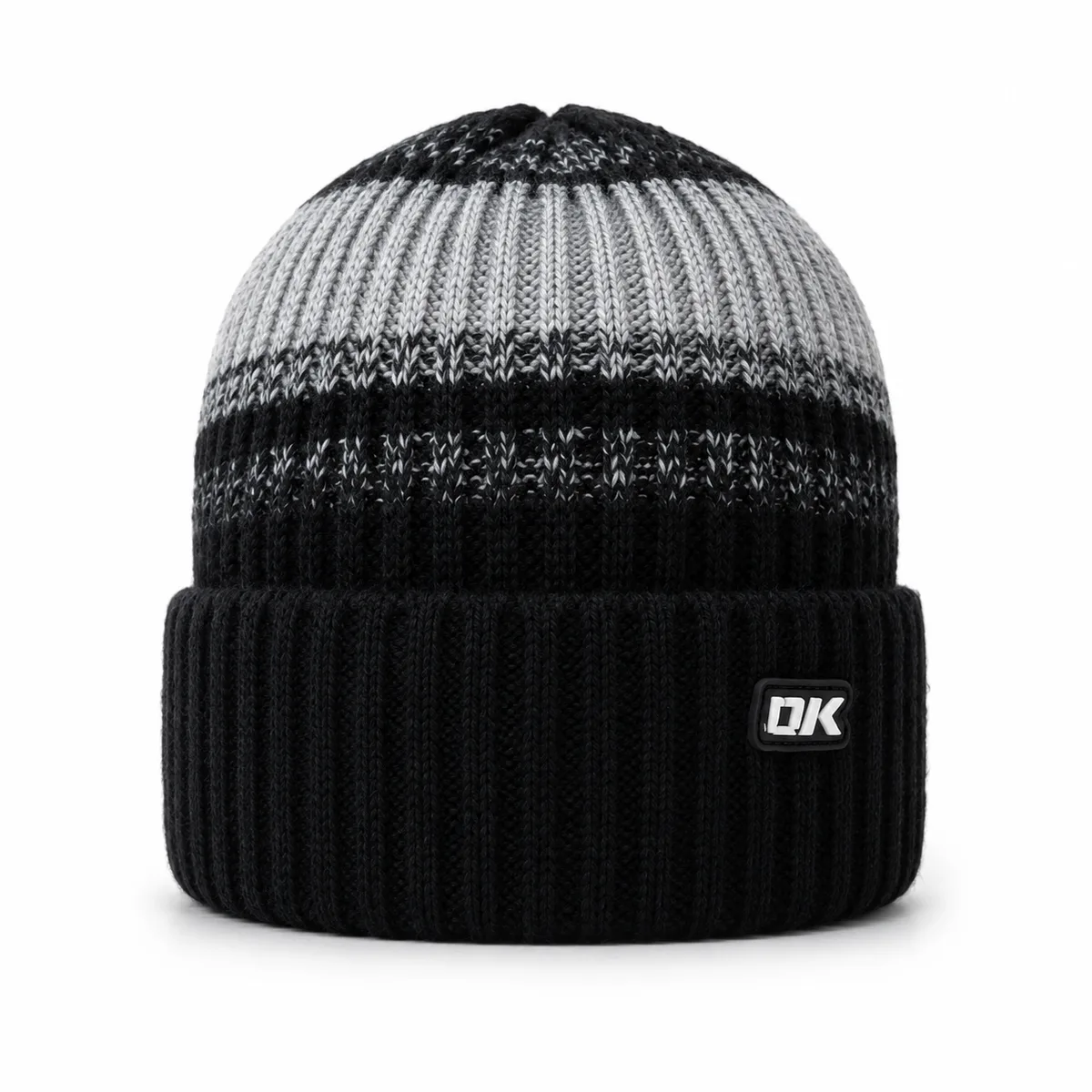 Black thick ribbed knit beanie with a gray knit accent and a folded cuff, front view